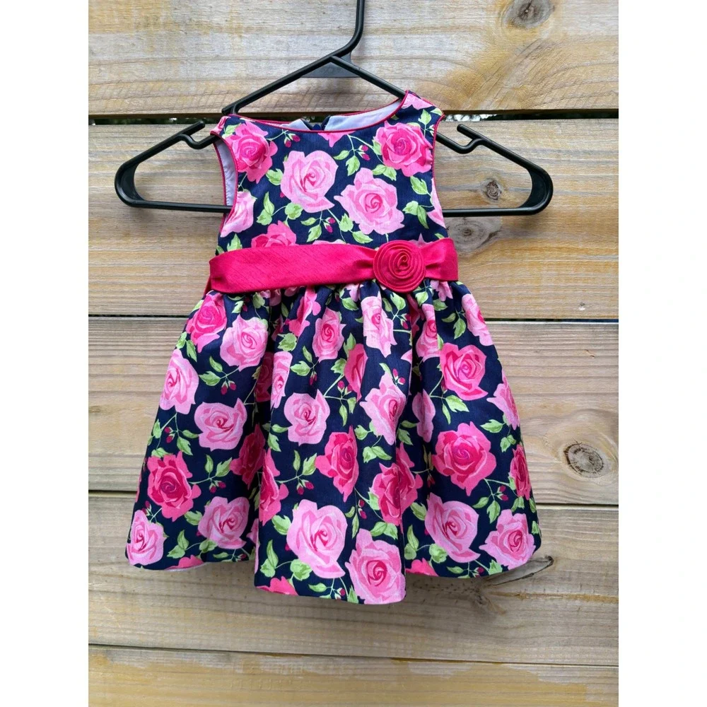 American Princess Baby Girls Navy Pink Floral Rose Dress Satin Sash 18M 44513
